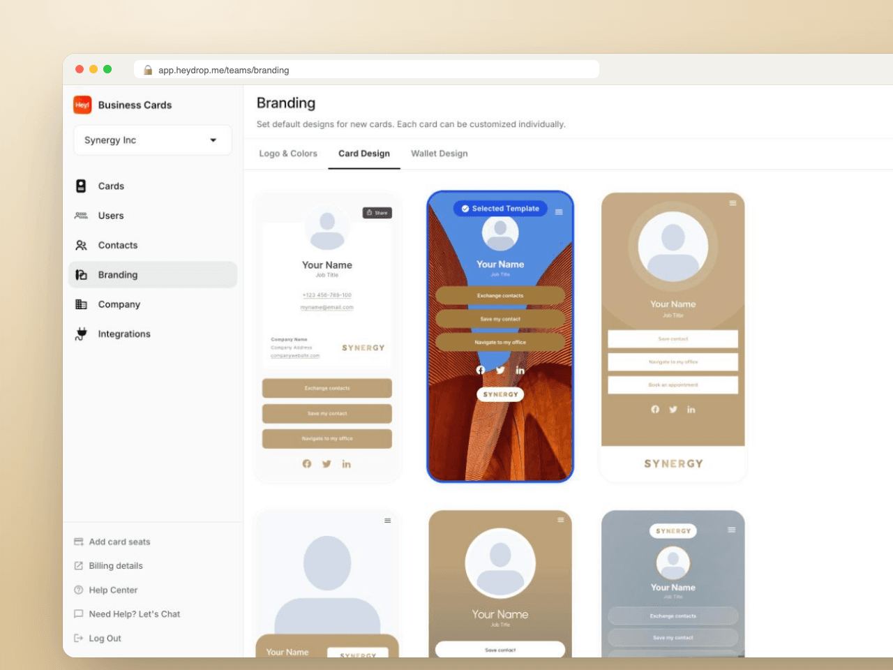 HeyDrop Teams branding: company card templates with logo and brand colors