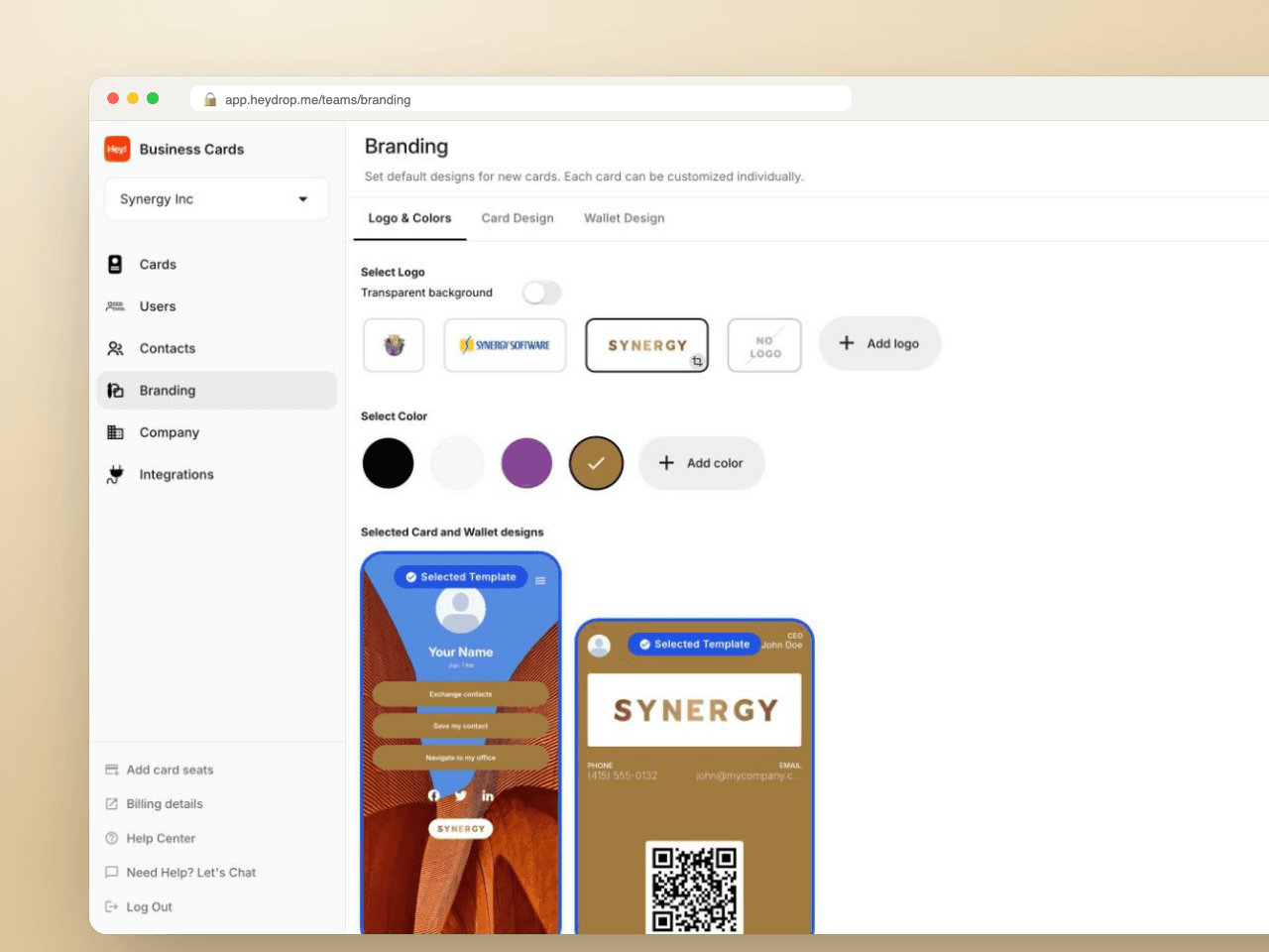 HeyDrop Teams branding: selected digital card and Apple Wallet card design