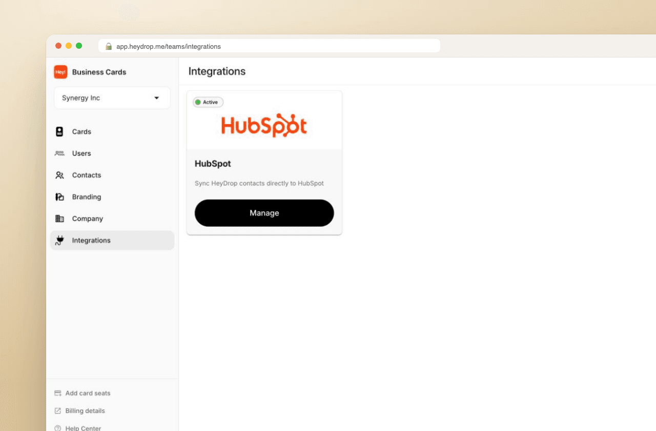 HeyDrop Teams integrations: HubSpot sync active